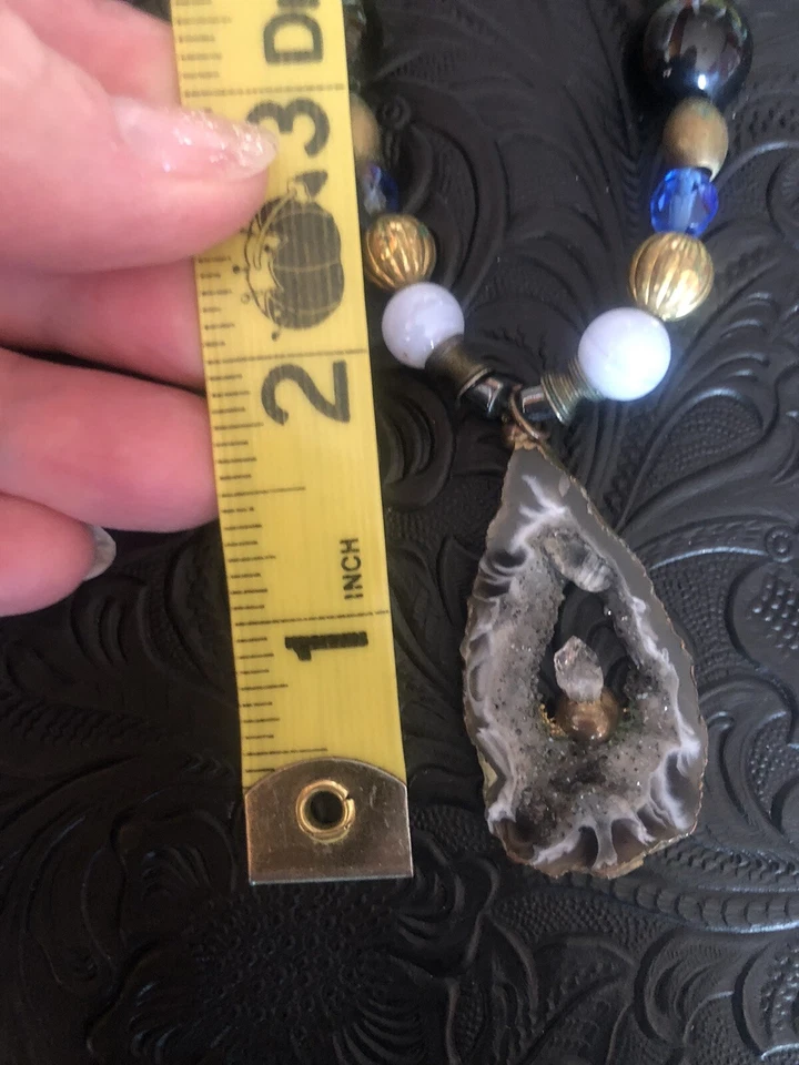 "Collar de piedras preciosas 24"", colgante de cristal de cuarzo druzy, artesanal, cuero boho" Foto 4 de 4