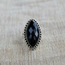 Sterling 925 Silver Faceted Black Onyx Marquise Shape GENUINE Handmade Ring