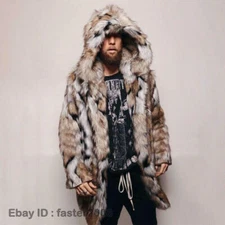 Mens Winter Faux Fox Fur Jacket Hooded Warm Mid-long Length Coat Party Outwear