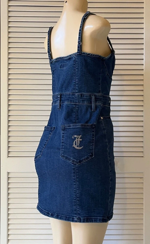 Juicy Couture JUNIORS DENIM SWEET HEART NECKLINE DRESS DARK WASH SPLIT SZ MEDIUM - Image 4 of 4