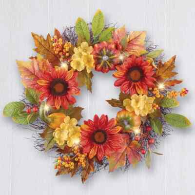 18'' Durchmesser LED beleuchtete bernsteinfarbene Sonnenblumen Thanksgiving Haus Eingang Türkranz