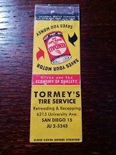 Vintage Matchcover: Kendall Motor Oil, Tormey's Tire Service, San Diego, CA