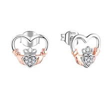 Sterling Silver Rose Gold Simulated Diamond CLADDAGH Stud Earrings Irish Celtic