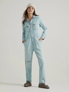 Lee Union Alls Utility Coveralls Light Wash Denim Distressed Jumpsuit Small