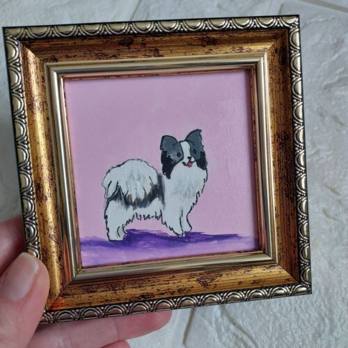 Pintura de perro Papillon perro blanco enmarcado cachorro obra de arte animales arte hecho a mano - Imagen 2 de 10