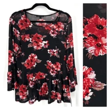 NWT Signature Studio Women's Floral Bell Sleeve Blouse Rose Large Sheer Mesh