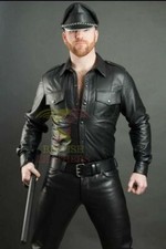 Men's Real Leather Police Shirt Gay Military Style Pocket Biker Black Schwarz