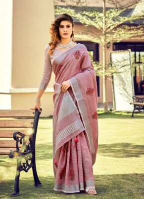 Faden bestickt Leinen Baumwolle Sari Party Hochzeit Kleidung Sari
