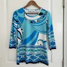 Jean Pierre Klifa Geometric Print Tunic Top XS Blue 3/4 Sleeves