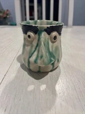 Pottery Egg Separator Stoneware Face With Big Nose Green & White