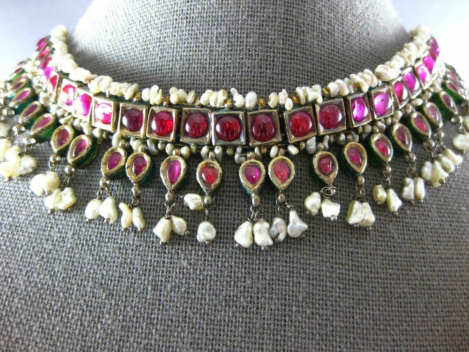 XL LARGE ANTIQUE RUBY & PEARL 18K YELLOW GOLD & S… - image 2