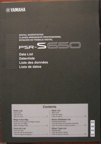 Yamaha PSR-S650 Digital Keyboard Original Data List Supplemental Manual  Booklet