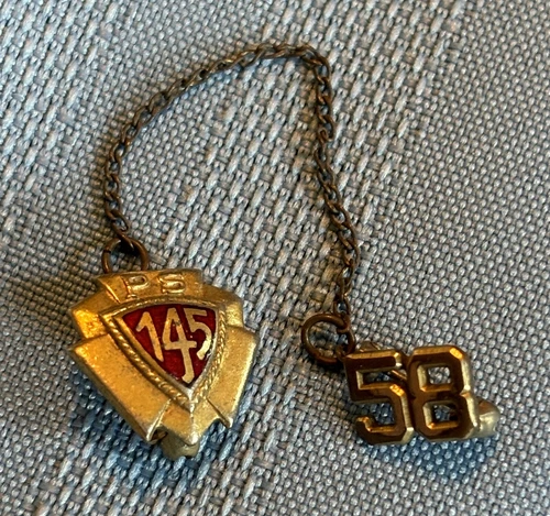 Vintage 1958 P.S. 145 Enameled Shield School Pin w Chained "58"