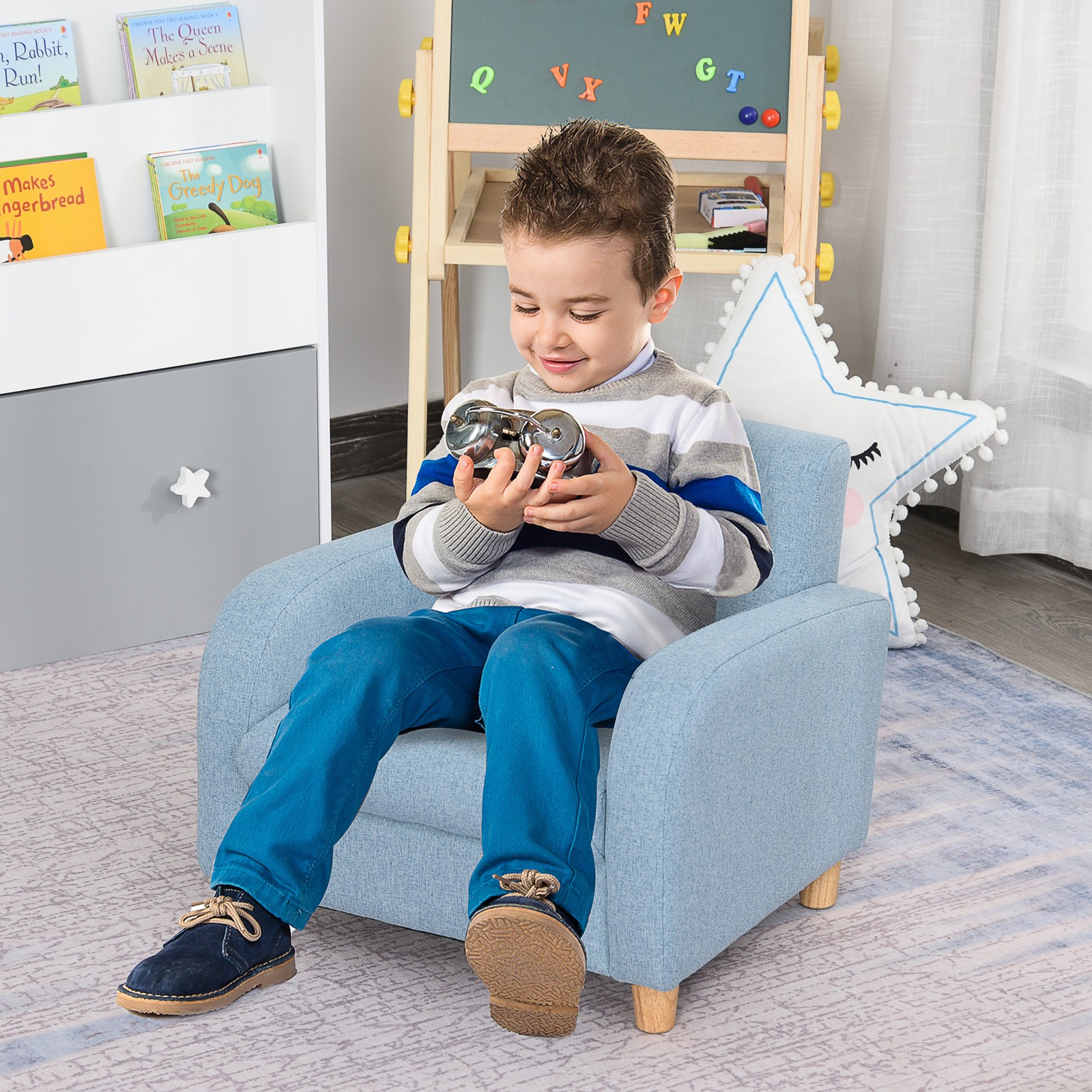 Divano per Bambini Poltrona per Bambini con Schiuma Spessa Cuscino Sedile Lino Blu foto 2