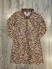 sz L Sheer Tiger Stripe Button-Up Dress Rouched Mob Wife Beachy Resort Vacation