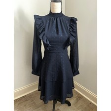 Express Ruffle Tiered Party Dress XXS Silver Navy Blue Boho Victorian Romantic