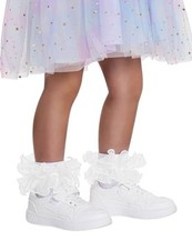 3 Pairs Girls Ruffle Socks Toddler Double Lace Frilly Pageant 5-7 Years White