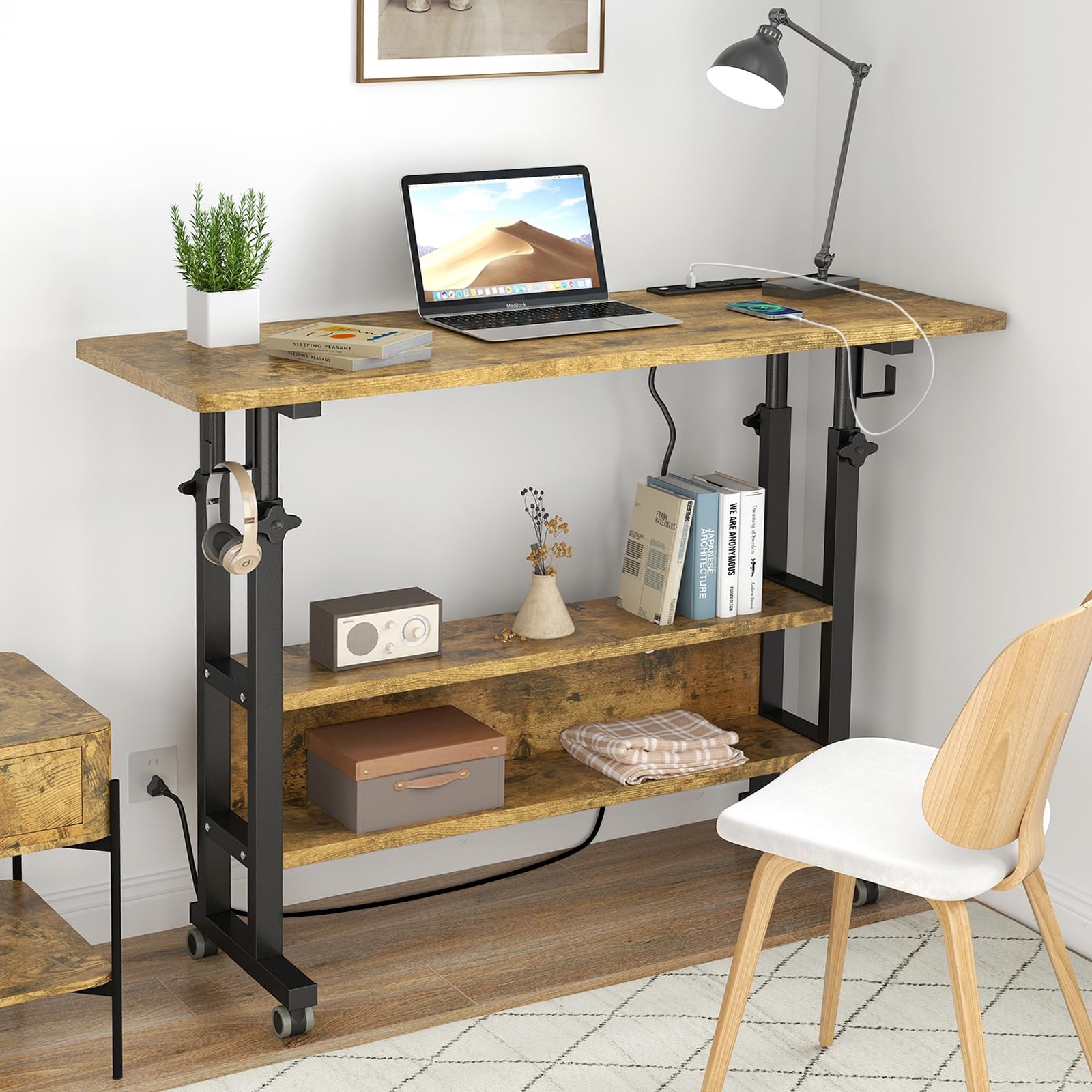 Small Standing Desk with Charging Station, Rolling Desk Adjustable Height, Mo...-image