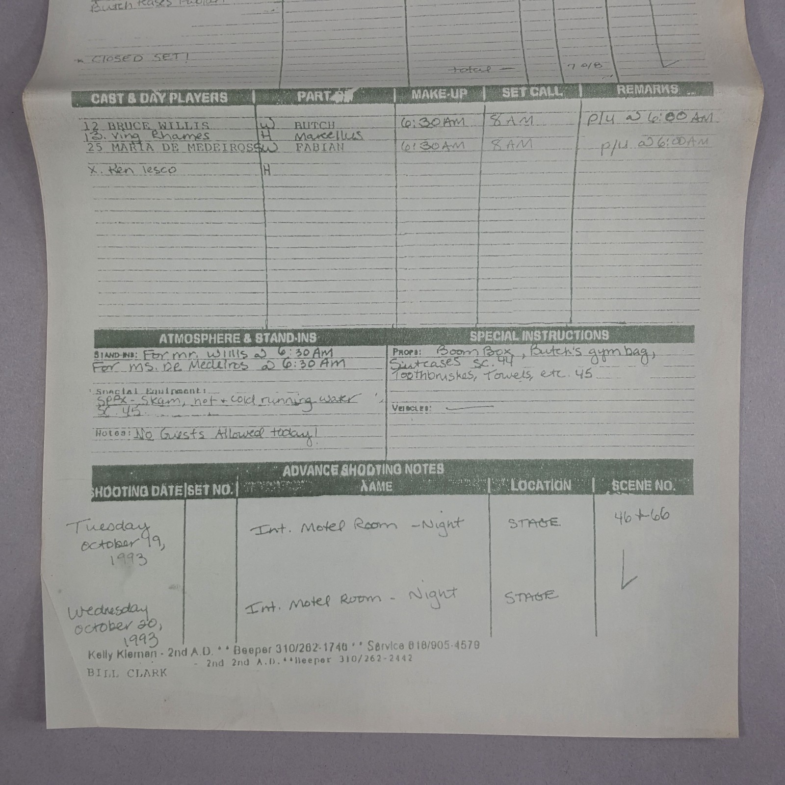 Image 3 of Pulp Fiction Call Sheet Bruce Willis in Motel Movie Prop Quentin Tarantino Day21