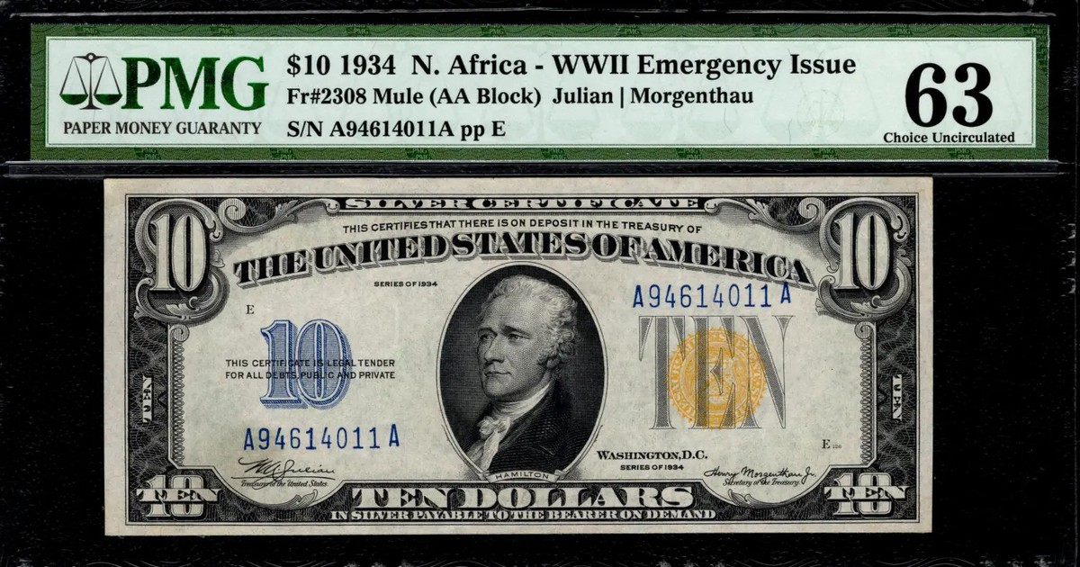 $10 1934 North Africa, Fr. 2308m, RARE key to series 1934 Plain