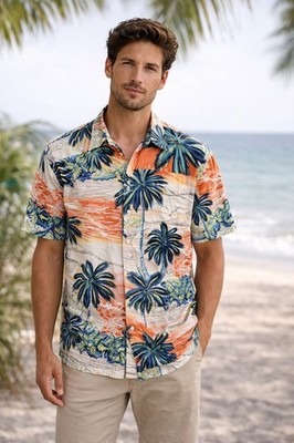 Ocean Current Hawaiian Shirt Mens M Rayon Tropical Palm Tree Beach Sunset Button
