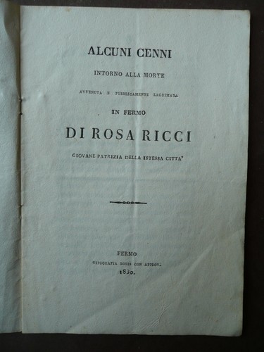 Storia Locale Fermo Marche Morte Rosa Ricci Giovane Patrizia Bolis 1830 - 第 1/1 張圖片