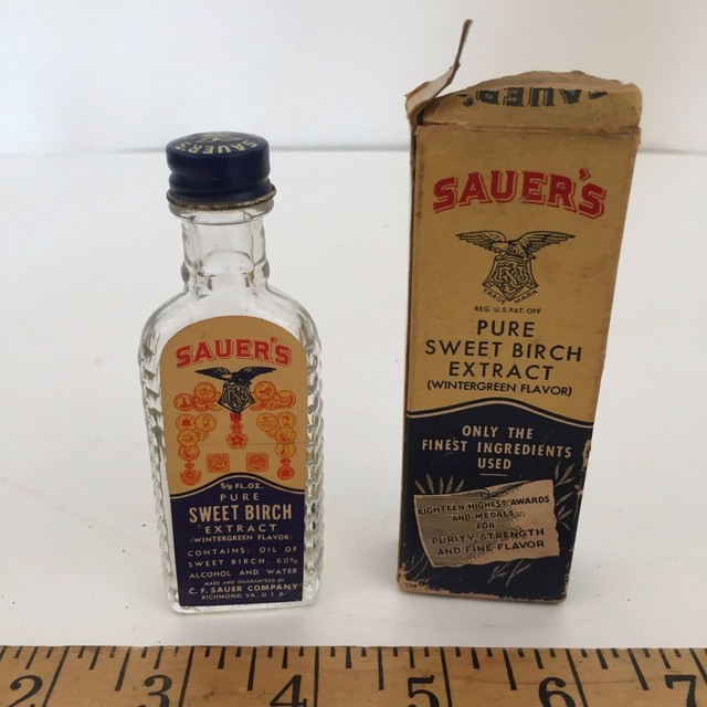 Vintage Sauer's Pure Sweet Birch Extract Bottle and Box Empty Made in