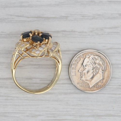 3.40ctw Blu Zaffiro Diamante Fiore Cocktail Anello 18k Oro Giallo Misura 6.25 - Foto 7 di 10