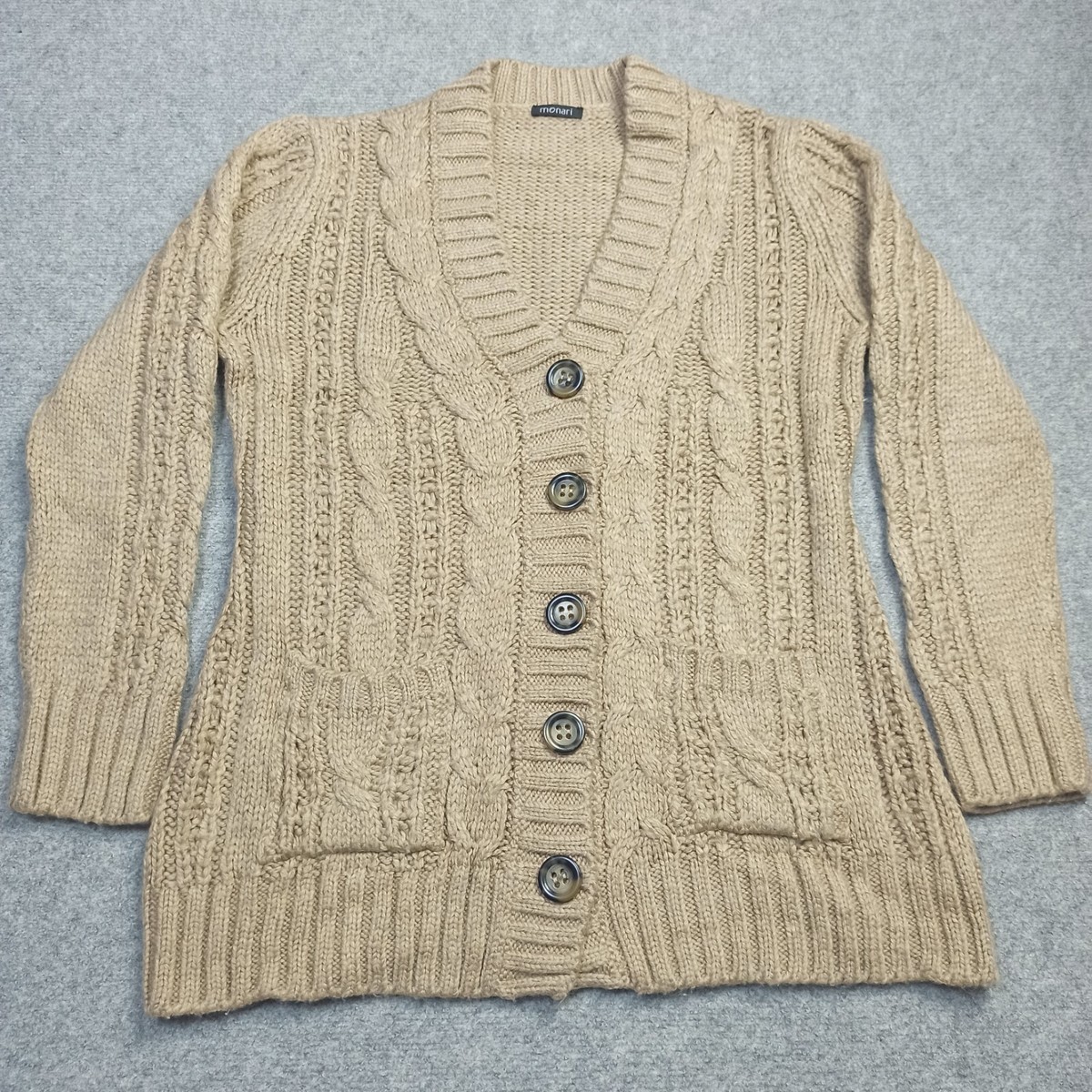 Monari Womens Cardigan D-44 XXL Beige 30% Wool Cable Knit Button