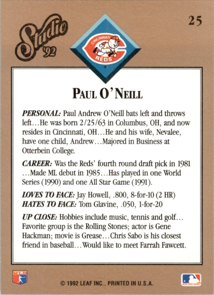 1992 Studio Paul O'Neill Cincinnati Reds #25 Baseball Card | eBay