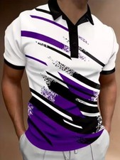 Polo T Shirt Men Button Up Collar White Purple Contrast Color Striped Sport Golf