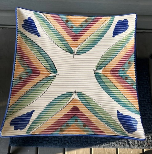 Molde Portugal Colorful Geometric Ridged Square Terracotta Plate Platter 11”