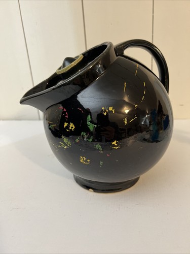 VINTAGE BLACK BALL PITCHER W/LID-HANDLE STONEWARE CROCK SLANTED TRACE OF FLORAL
