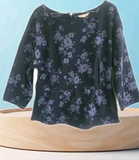 Gap Size S 100% Cotton Navy Blue Floral 3/4 Sleeve Peplum Top Zip/Back