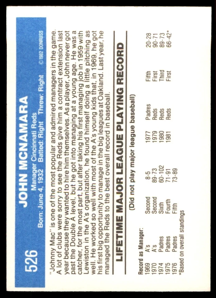 1982 DONRUSS JOHN MCNAMARA . CINCINNATI REDS #526 - Image 2 of 2