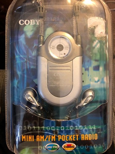 New Silver Coby CX-7 Mini AM FM Pocket Radio DBBS Portable Earphones Neck Strap