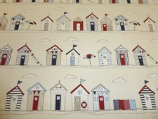FRYETTS BEACH HUTS Blue Seaside Curtain Craft Upholstery Cotton Fabric