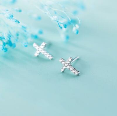 Pave 0.5 Ct Cubic Zirconia Silver SP Tiny Faith Cross Stud