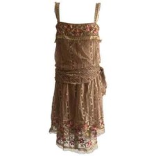1970s VTG Louis Feraud Couture Tan Lace Floral Embroidered Dress S Small