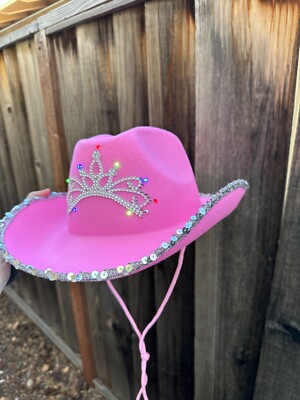 8449 Pink Cowboy Hat And Glasses - Preppy Cowgirl Hat With Tiara - Sparkly Baosity Pink Western Cowgirl Hat, Wide Brim, Tiara Design  main image 4