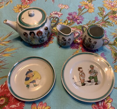 Childs Tea Set Children Playing Instruments&Baseball Transfer-ware 1920-30 18pcs