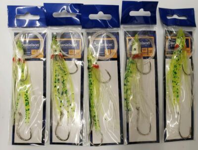 Five (5) Danielson Rigged Squid Bait SQDR45129 4.5'' UV Chartreuse /Green  | A8