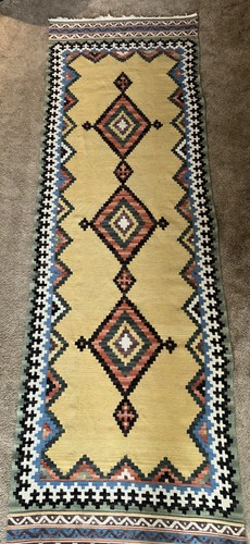 Alfombra Kilim de lana vintage 8 x 2,5 tejida a mano corredor geométrico de Anatolia - Imagen 6 de 10