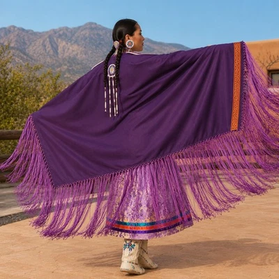 Handmade Native American Wedding/Dance Shawl Purple 42x58.5 Long Fringe Regalia - Photo 1/4