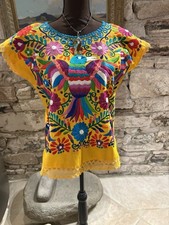 Spectacular Yellow Mexican Otomi Style Embroidered Blouse Size S/M