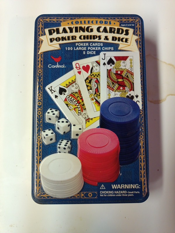 Collectors Playing Cards 100 Poker Chips And 5 Dice by Cardinal in Tin Brand New
