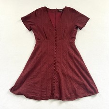 Madewell Burgundy Swiss Dot Button-Front Lined Short Sleeve V Neck Swing Dress 4