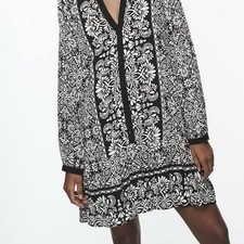 Zara Resort Relaxed Dress Women's XS Long Sleeve Floral Black White