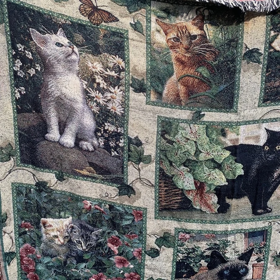 Vintage Cat Woven Tapestry Throw Blanket Fringed Ivy Cat Lover Cottagecore - Image 3 of 4
