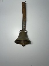  Antique 9 1/2 Inch Brass School Bell with Whittled Wooden Handle
